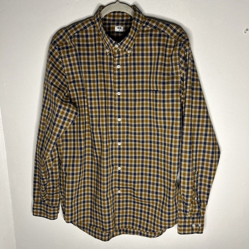Uniqlo Size Medium Men's Camel Navy Check Long Sleeve‎ Cotton Shirt